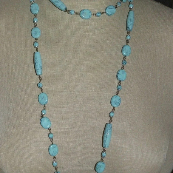 Faux Turquoise Acrylic Bead Long Dangle Necklace - Picture 2 of 4